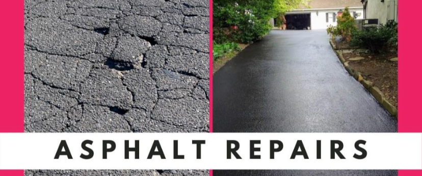 Split-screen comparison showing cracked, damaged asphalt on the left and a smooth, repaired driveway on the right.