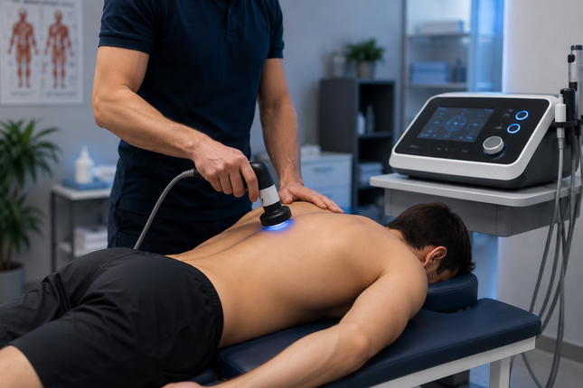 Un terapista utilizza un dispositivo portatile sulla schiena nuda di un paziente durante una seduta in clinica.