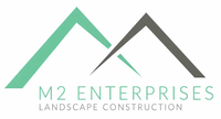 Logo for M2 Enterprises Landscape Construction featuring green and grey geometric mountain shapes over the text.