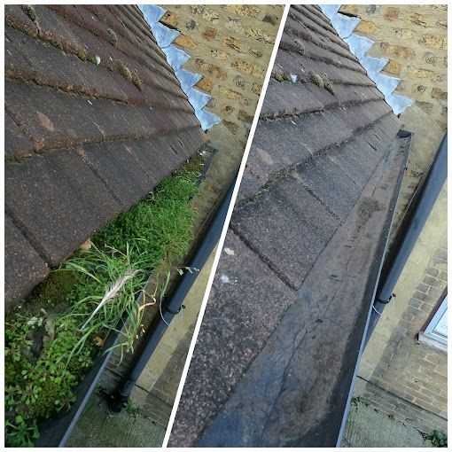Two roof views showing dark shingles, moss along the gutter, and neighboring brick walls.