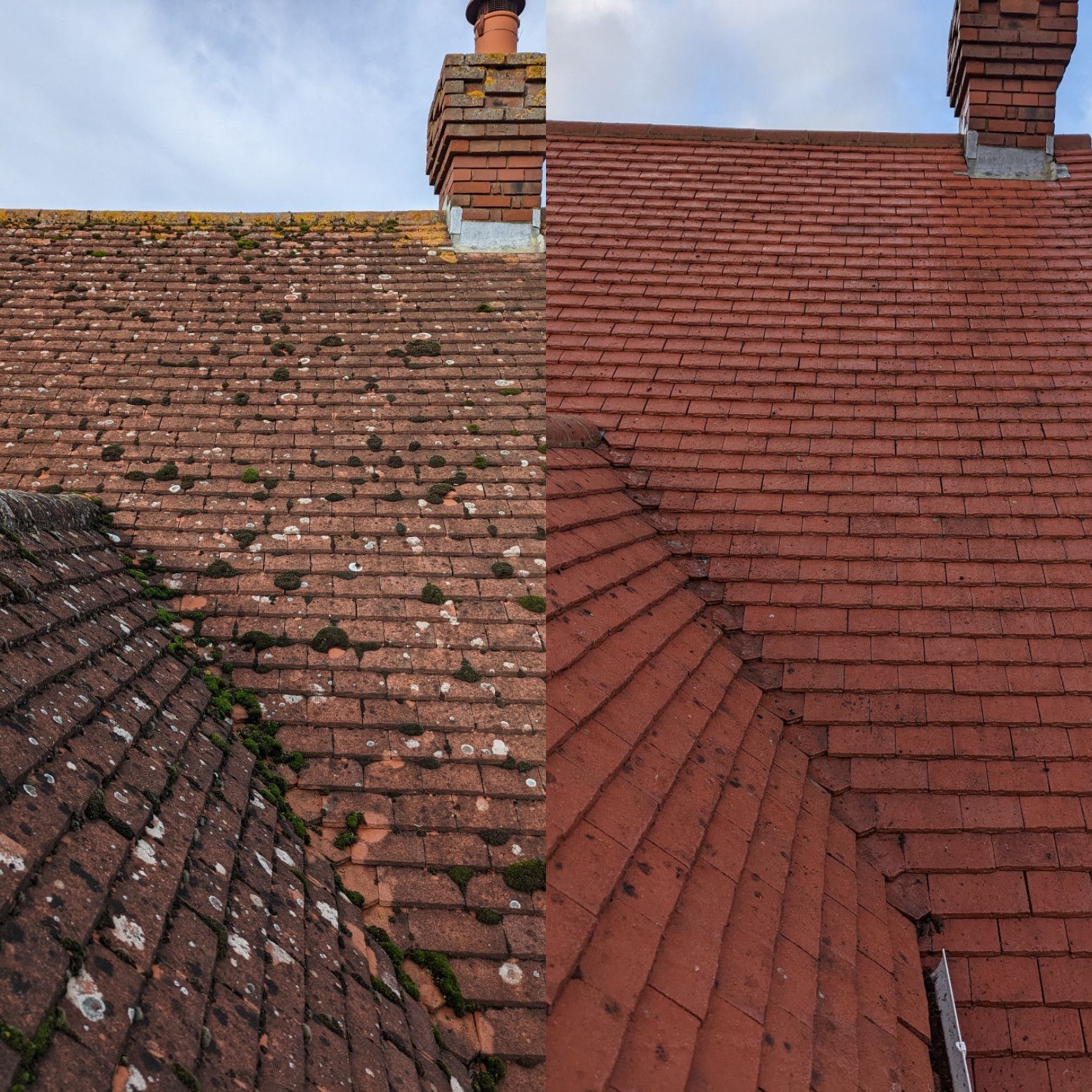 Red tiled rooftops with moss and brick chimneys against a blue sky