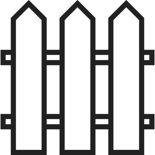 Black-and-white icon of a wooden fence with three pointed posts and horizontal rails