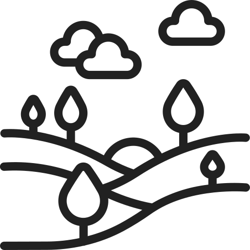 Black line icon of a landscape with hills, trees, clouds, and a sun on the horizon