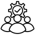 Team management icon with three people and a gear containing a checkmark above them