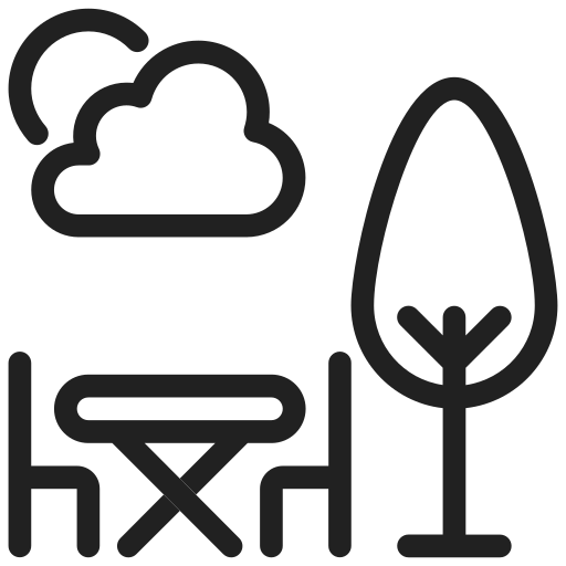 Cloud, outdoor picnic table with benches, and tree icon in black outline