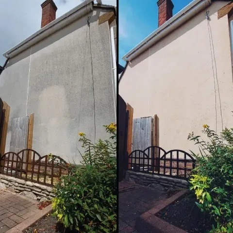 Before and after view of a house exterior wall changing from gray to light beige paint.