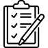 Clipboard with checklist and pen icon in black outline