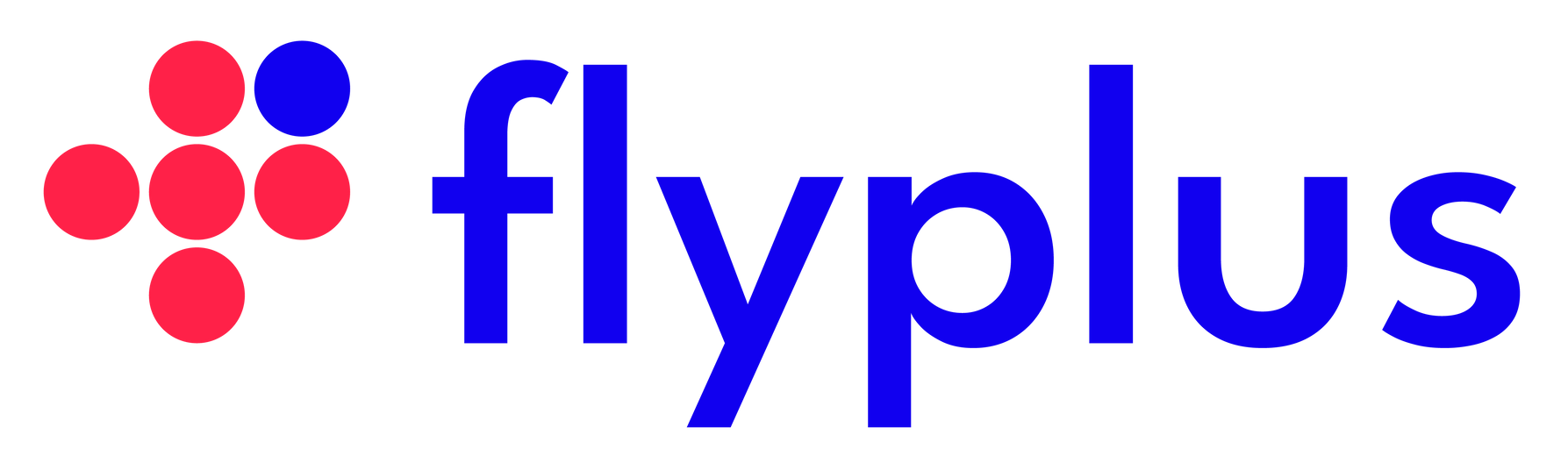 Flyplus logo: red text and a cluster of red circles, one blue, on a white background.