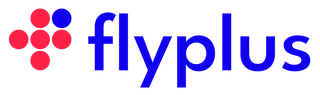 Flyplus logo: red text and a cluster of red circles, one blue, on a white background.