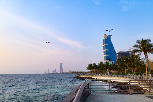 A view of the ocean from a pier with palm trees and a building in the background.