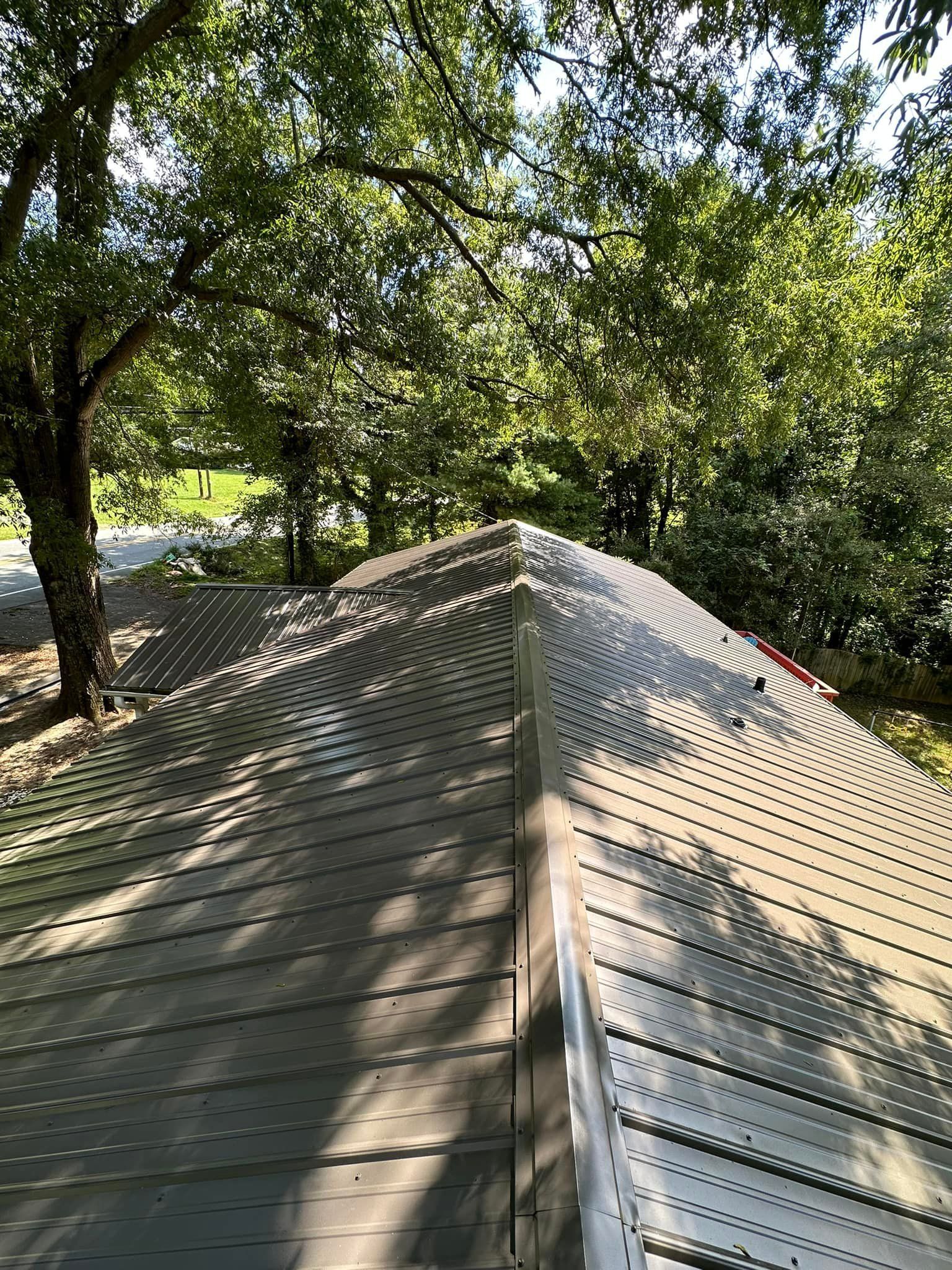 A roof with a staircase leading up to it and trees in the background.