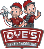 Cartoon logo of two men in red shirts, holding HVAC tools with the company name 