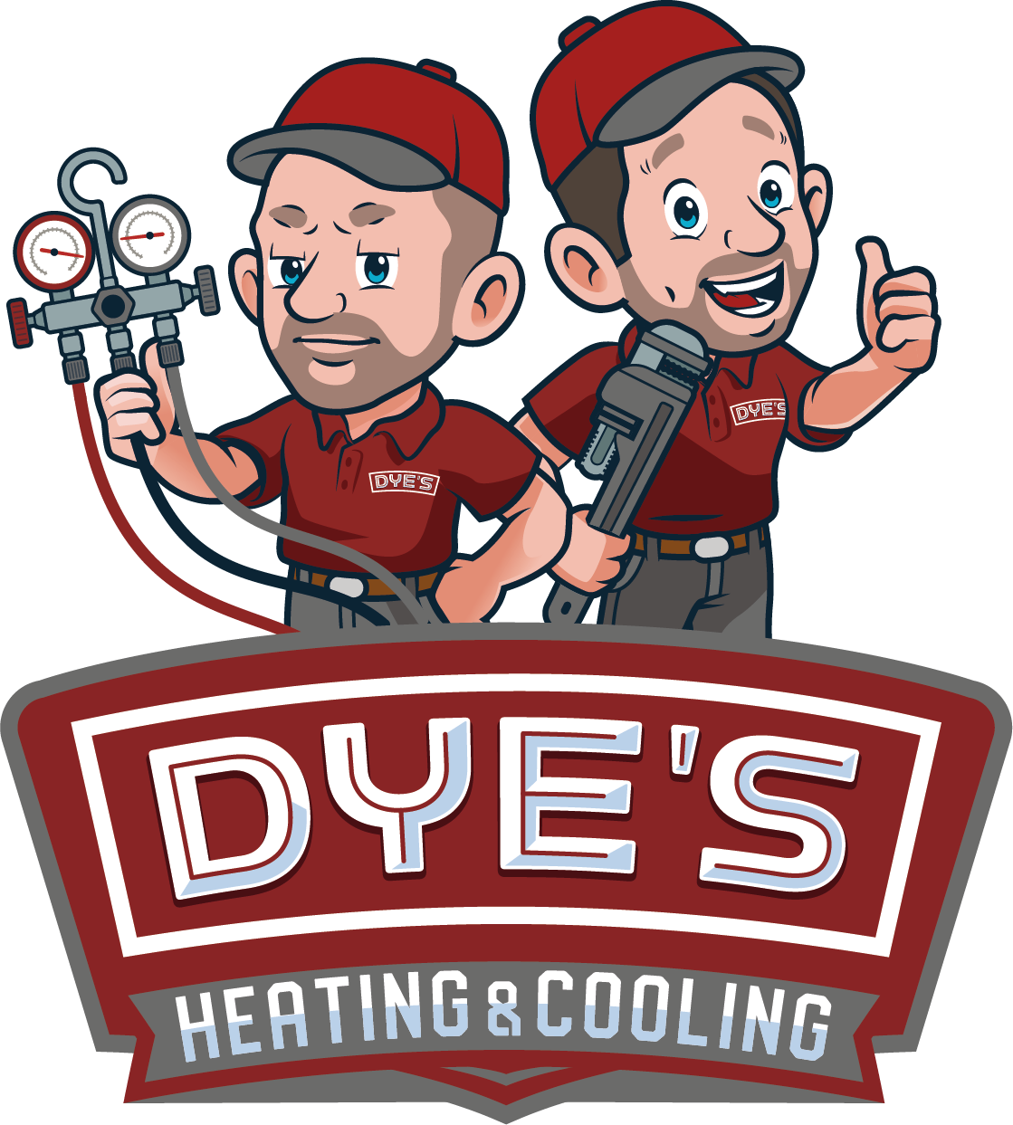 Cartoon logo of two men in red shirts, holding HVAC tools with the company name 