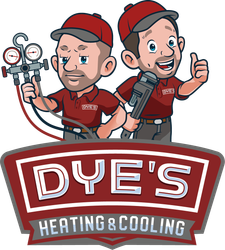 Two cartoon technicians with tools, Dye's Heating & Cooling logo. One holds gauges, the other a wrench, thumbs up.