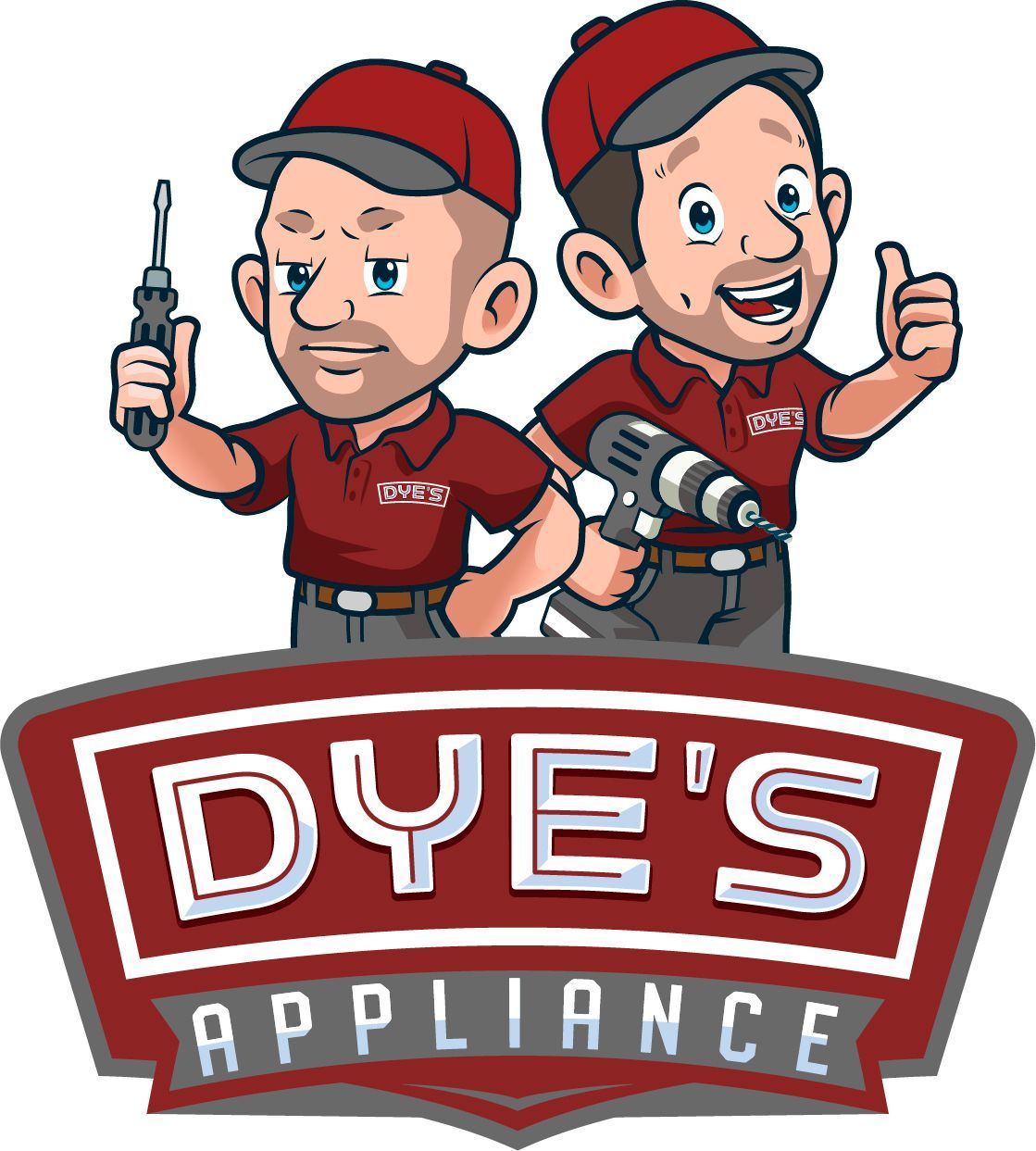 Two cartoon repairmen in red holding tools above a red sign: Dye's Appliance.