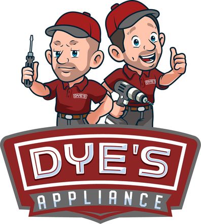 Two cartoon repairmen in red holding tools above a red sign: Dye's Appliance.