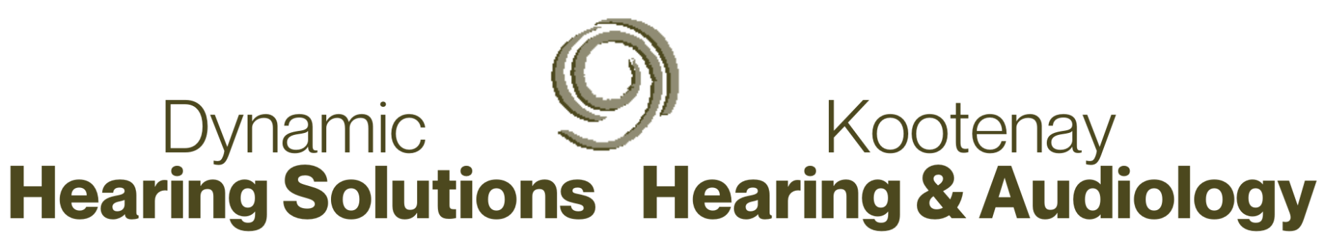 Logo for Dynamic Hearing Solutions and Kootenay Hearing & Audiology. Brown text and a spiral graphic.