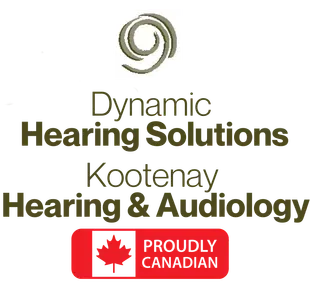 Logo for Dynamic Hearing Solutions, Kootenay Hearing & Audiology; green and white text, Canadian flag.