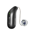 Black Oticon hearing aid with a clear ear dome and green light illuminated.