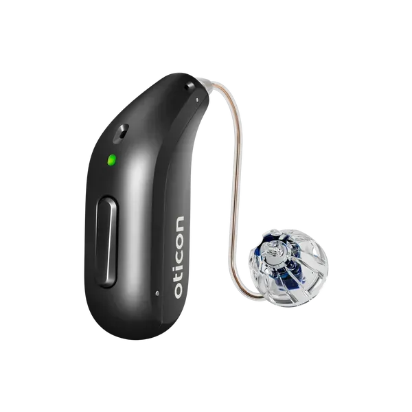 Black Oticon hearing aid with a clear ear dome.