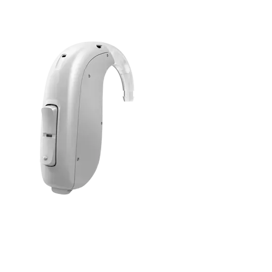 White behind-the-ear hearing aid, angled towards right, with a clear tube and ear mold.