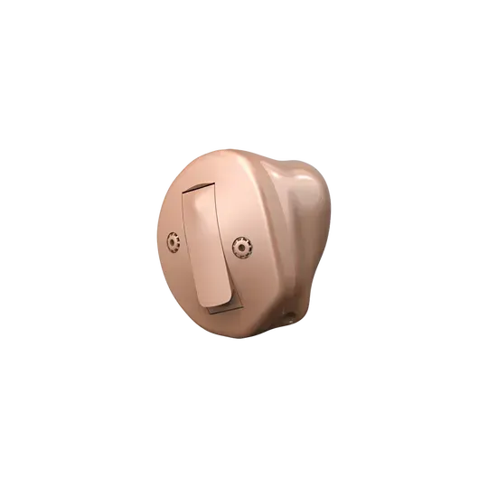 Beige in-the-ear hearing aid, angled towards the right, with a small tab and two visible screws.