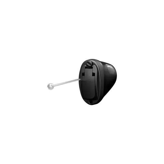 Black in-the-canal hearing aid with a thin wire attached.