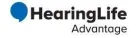HearingLife Advantage logo: Blue speech bubble icon with the text