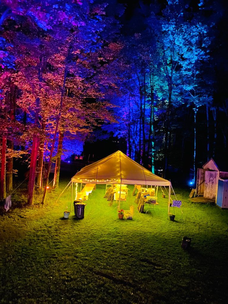 A tent is sitting on top of a lush green field in the middle of a forest at night.