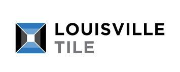 A logo for louisville tile with a blue and white square on a white background.