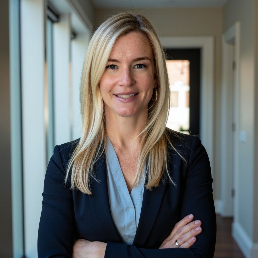 A woman stands in front of a sign that says grogan