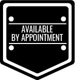 A black and white badge that says `` available by appointment ''.