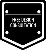 A black and white shield with the words `` free design consultation '' written on it.