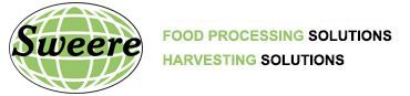 Logo voor Sweere, leverancier van oplossingen voor voedselverwerking en -oogst, met een wereldbol en tekst.