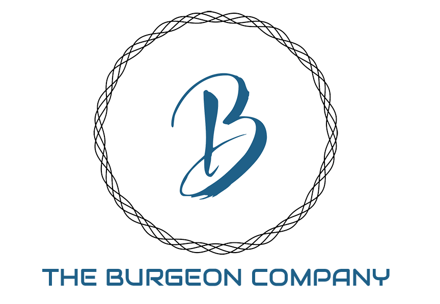 Logo: Blue script "B" inside a circular, woven border, with "THE BURGEON COMPANY" below in teal.