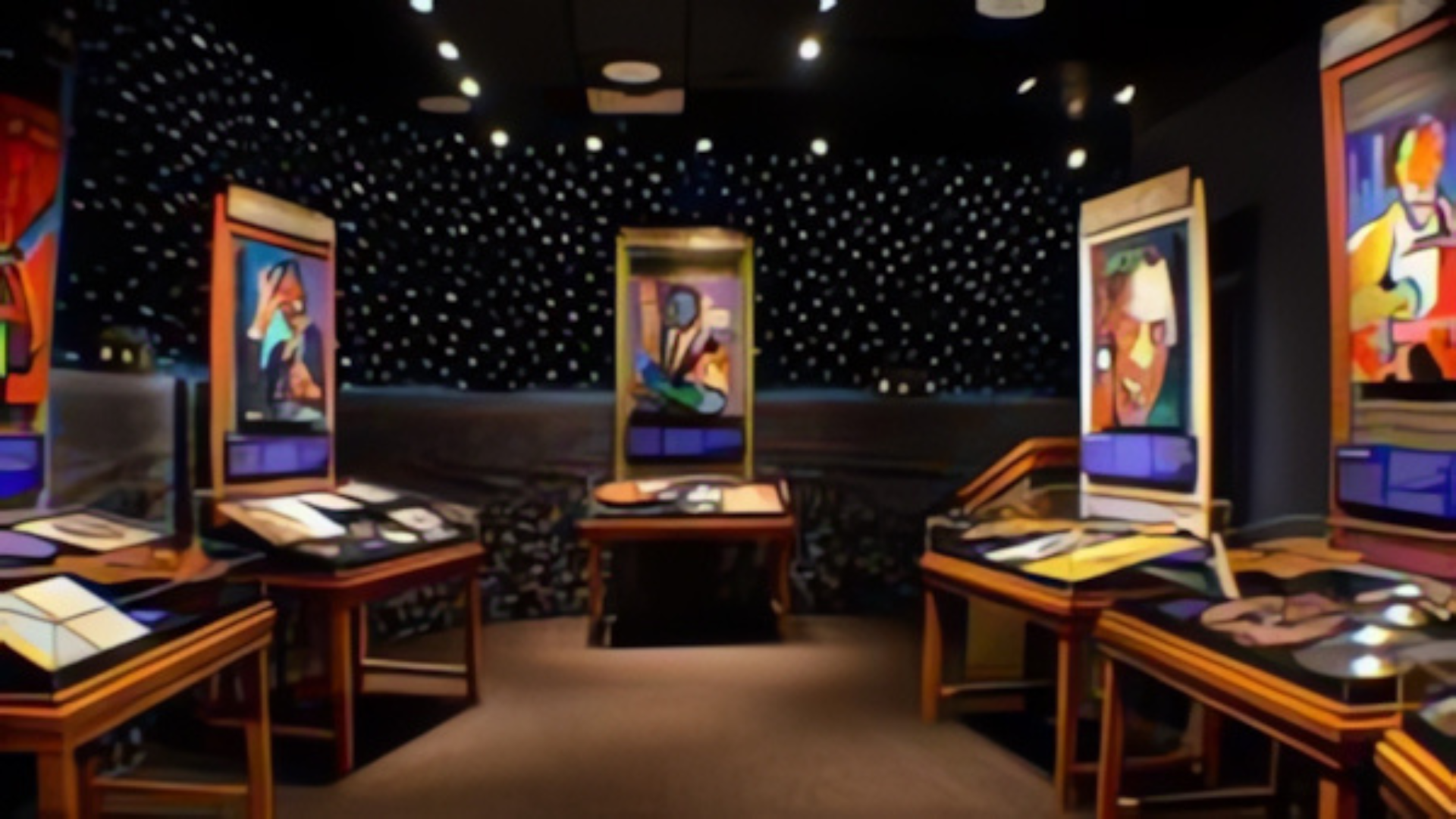 A room with a lot of tables and paintings on them