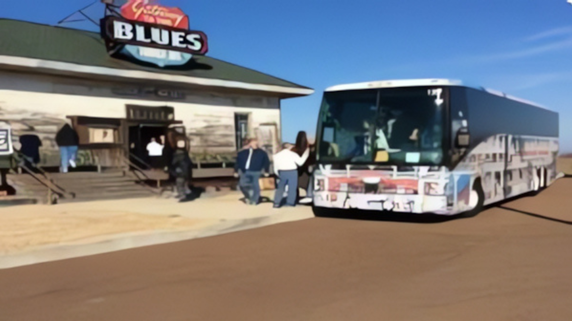 A bus is parked in front of a building that says blues