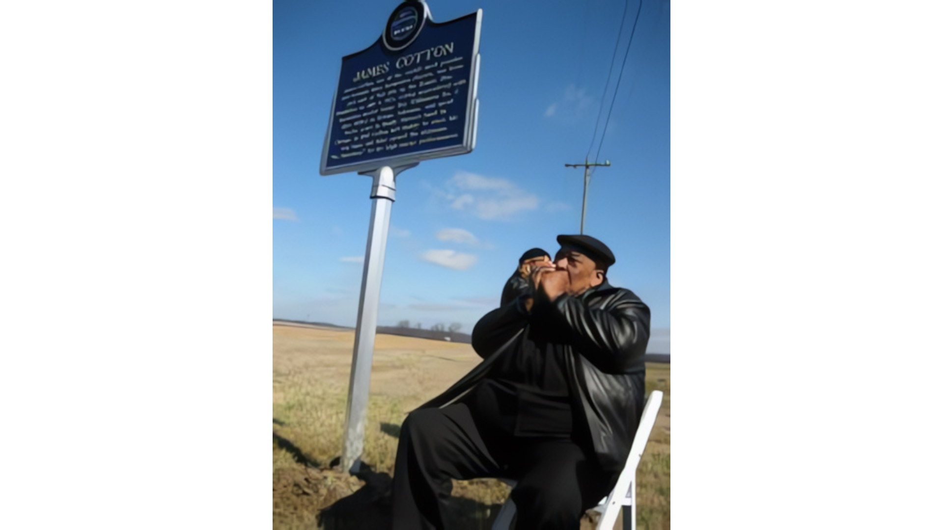 A man is sitting in a chair in front of a historical marker.