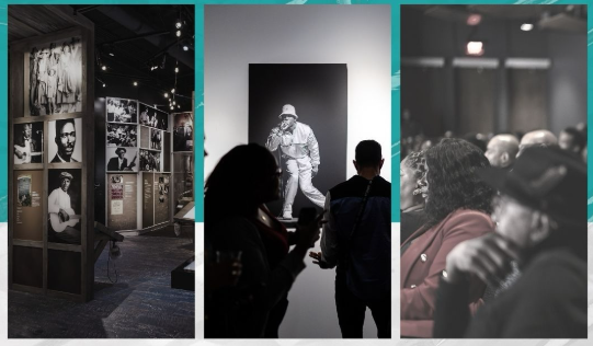 A collage of three photos shows people looking at a painting