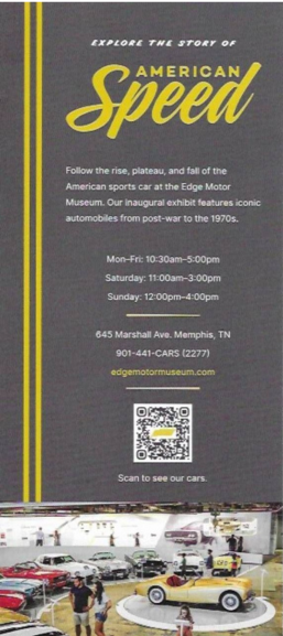An advertisement for american speed shows a yellow car on display