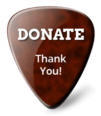 A brown guitar pick that says donate thank you