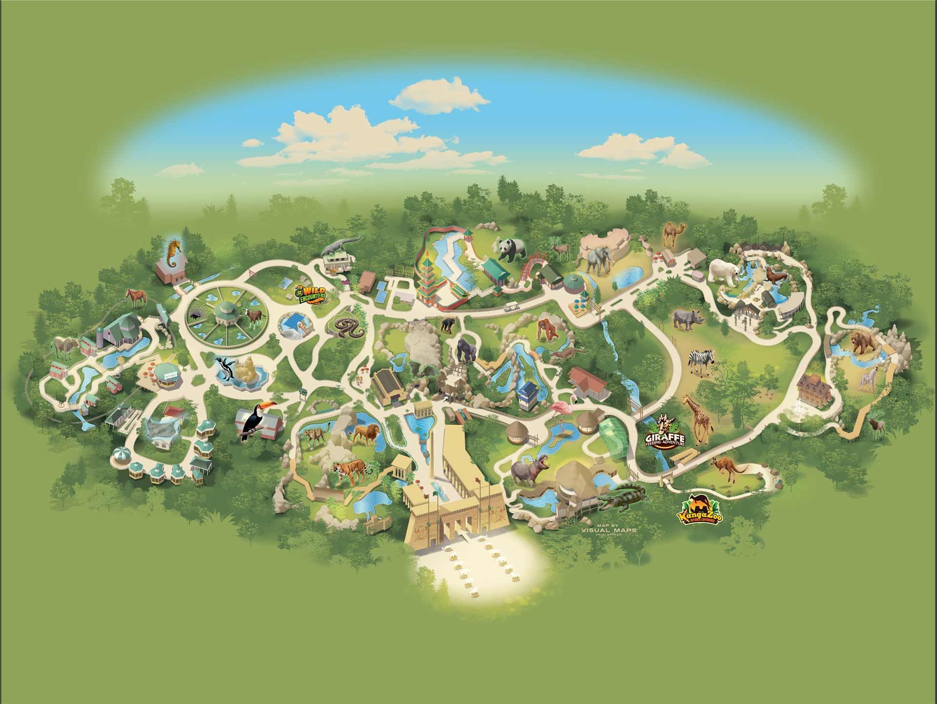 An aerial view of a theme park with lots of rides and attractions.