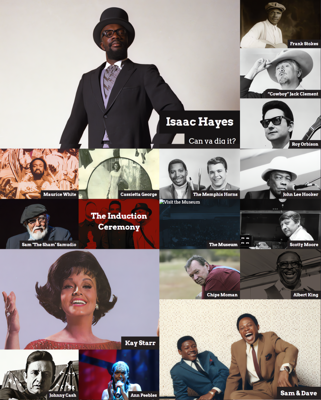 A collage of pictures of famous people including isaac hayes