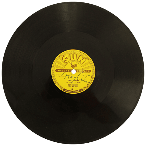 A black record with a yellow label that says sun