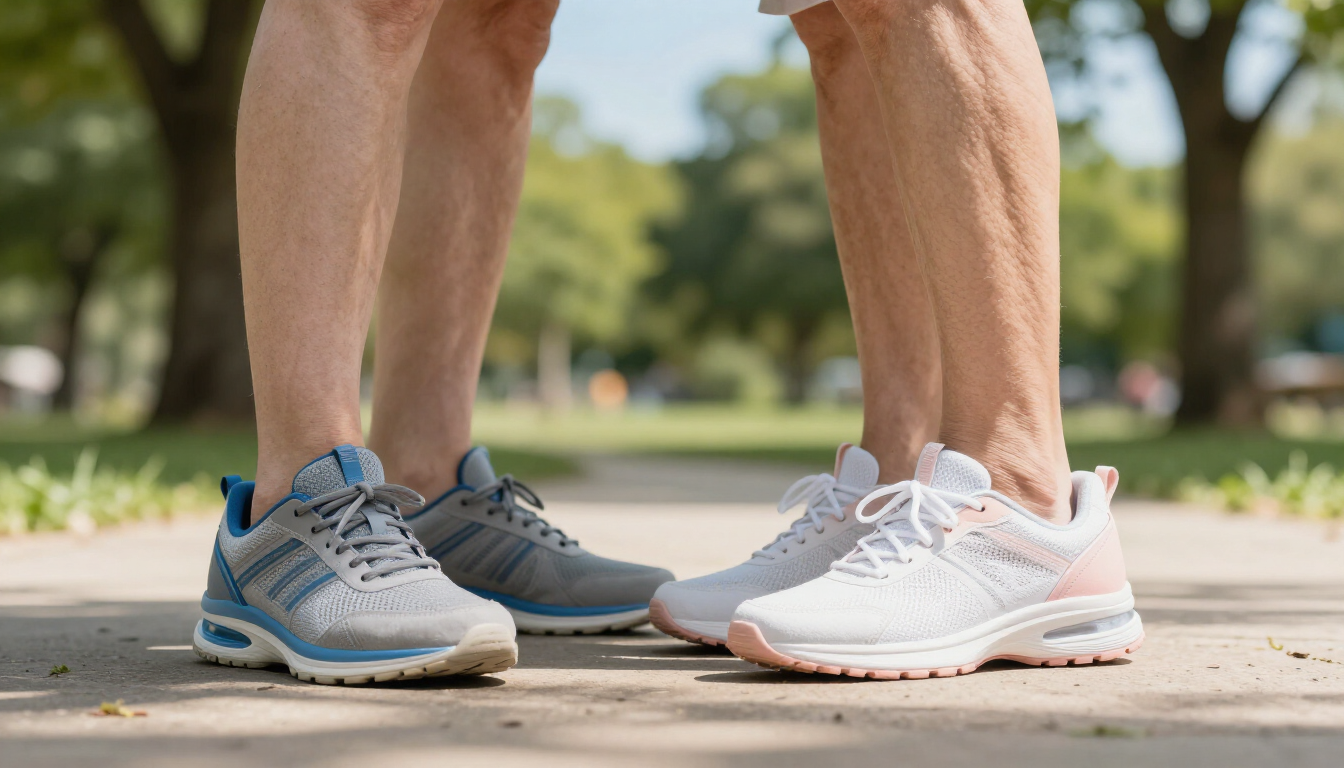 Senior couple walking comfortably with supportive footwear and custom orthotics.