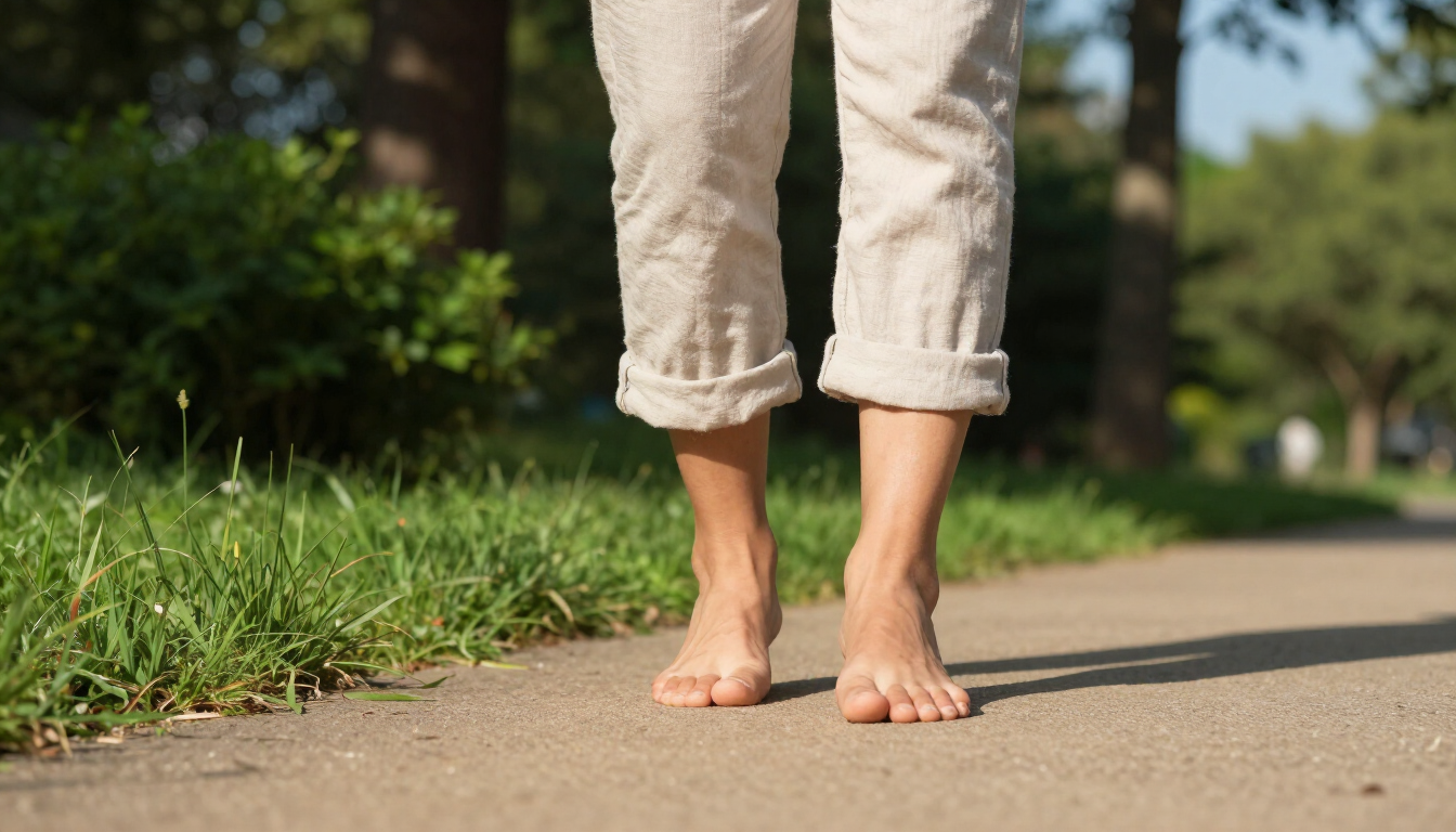 A person applying sunscreen to their feet at the beach.