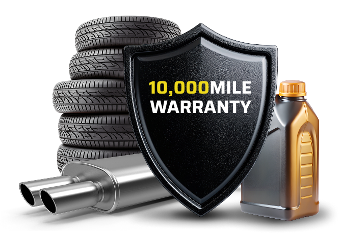 Tires, exhaust, and oil with a black shield labeled