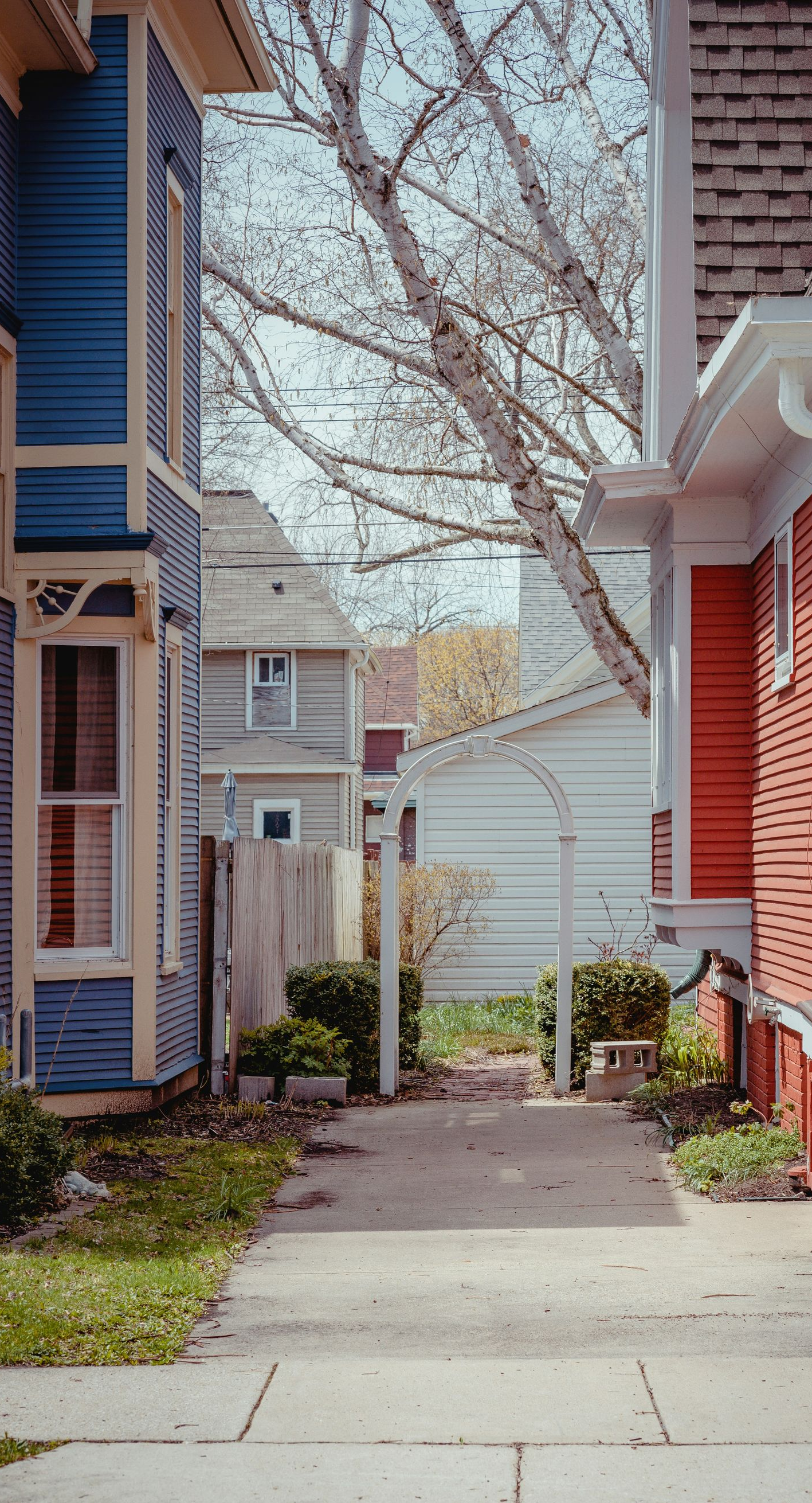 Narrow alleyway between colorful houses; blue, red, and gray facades. Path leads towards a backyard, under a tree.