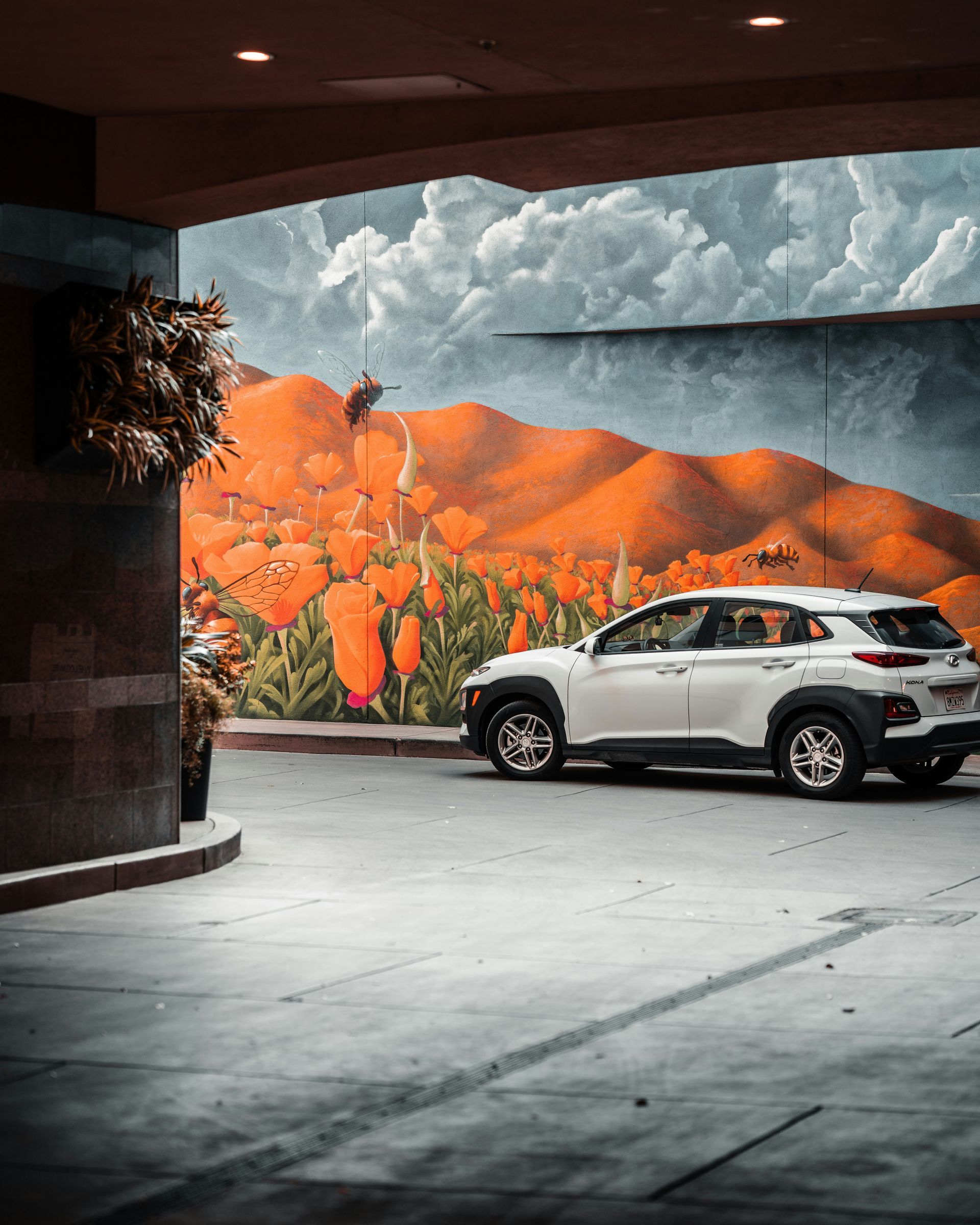 White SUV parked under a canopy. A mural of orange poppy field and mountains is in the background.
