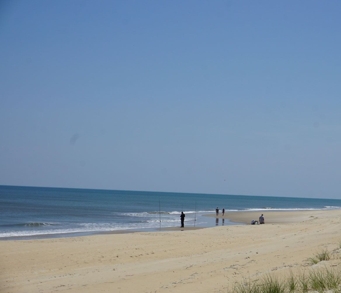 Sandy beach with gentle waves under a clear blue sky; several people are near the water.